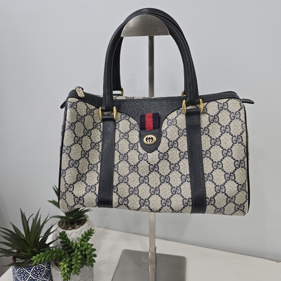 Gucci Handbags - GUCCI - Vintage GG Sherry Line Boston Bag in Rare Navy Blue, PVC & Leather​